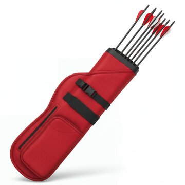 Red archery quiver bag with zippered compartment holding colorful fletched arrows, front view portable archery storage solution