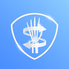 Arrows revolve around wrist finger bone cartilage within white shield frame modern on blue background. Human anatomy organ. Medical health care and protection concept. 3D Vector EPS10.