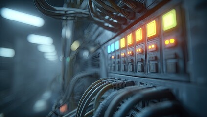 Futuristic server rack in a dimly lit room