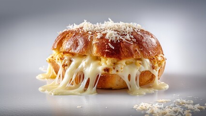 Gourmet Cheesy Brioche with a Rich Filling and Dripping Cheese, highlighting the tempting texture. Ideal for menus, posters, and social media promotions for bakeries, cafes, and brunch spots.