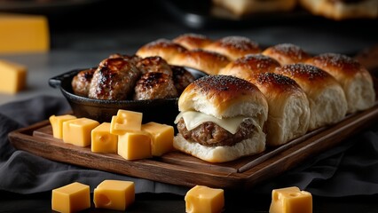 Rustic Platter of Sausage Sliders and Freshly Baked Buns. Ideal for use in restaurant menus, appetizer advertisements, food blogs, and content related to party food or pub fare.