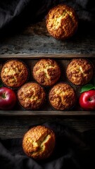 Obraz premium Homemade Apple Muffins in a Wooden Box with Fresh Apples, textured background and a dark grey cloth, giving the image a rustic, moody, and professional feel. Ideal for use in cookbooks, recipe blogs.