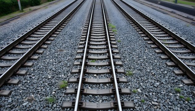Parallel railway tracks receding into the distance, showcasing the lines' converging perspective and gravel ballast.