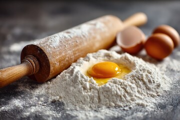 Flour, rolling pin, and eggs