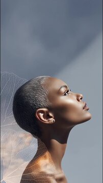 Vertical video portrait of a beautiful African American dark-skinned woman in profile. Dark-skinned model with short haircut, light hair, on an abstract background with lotus leaves. Surrealistic vide