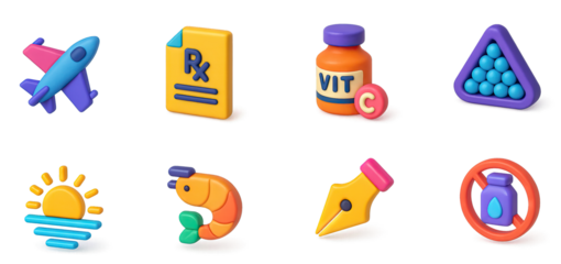 8 colorful 3D icons representing different objects and concepts.