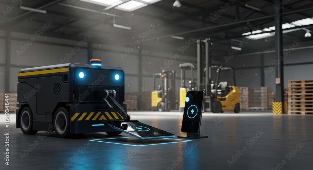 Poster wide frame of autonomous tug operating in dimly lit warehouse placing wireless charger pad seamlessl