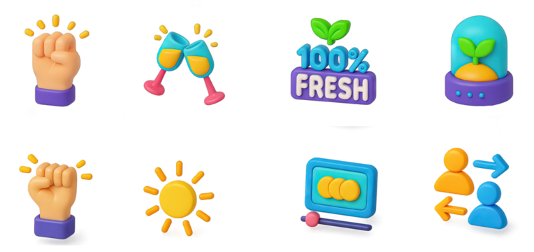 3D icon collection of sun, fist, glasses, and other on transparent background png 