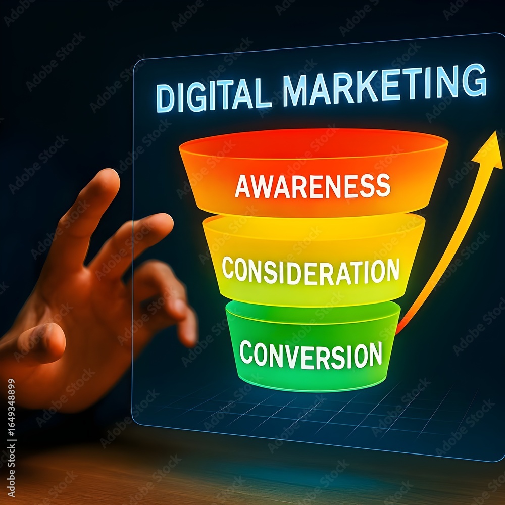 Poster digital marketing funnel concept showing awareness, consideration, and conversion stages with a hand