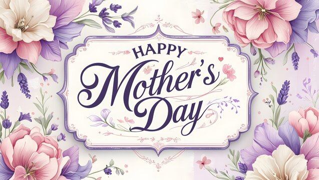 Beautiful watercolor floral illustration celebrating Mother's Day with elegant calligraphy and soft pastel colors, perfect for greeting cards and festive decorations.