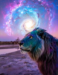 Lion gazing at a cosmic spiral