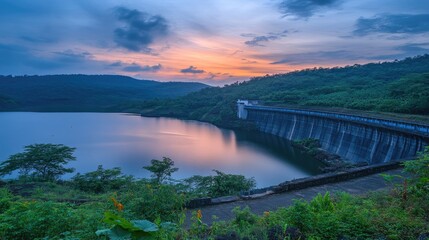 Bang Wad Dam captured at golden hour with beautiful lighting over water, forested hills and soft clouds above