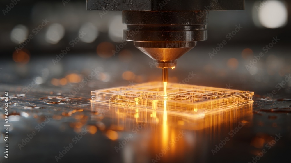 Poster closeup of an operational ultrasonic nozzle highlighting the intricate mechanics and the controlled 