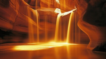 Beautiful Antelope Canyon scene with glowing orange walls and sand falling like mist from rock ledges in Arizona
