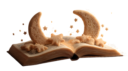 Moon and Star Cookies on Open Book 3d rendered, isolated on transparent background