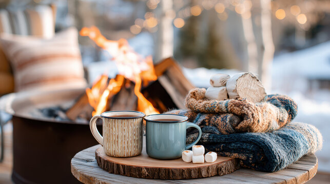 Warm mugs of hot chocolate with marshmallows by a cozy fire pit surrounded by a winter atmosphere and fluffy blankets