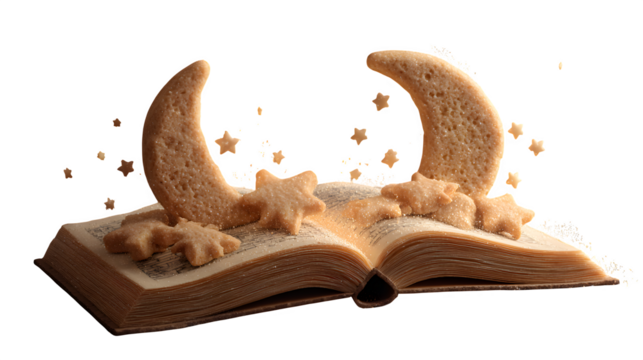 Moon and Star Cookies on Open Book 3d rendered, isolated on transparent background - Powered by Adobe