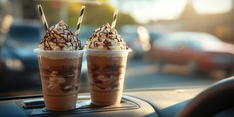 Refreshing chocolate milkshakes with whipped cream on a sunny day