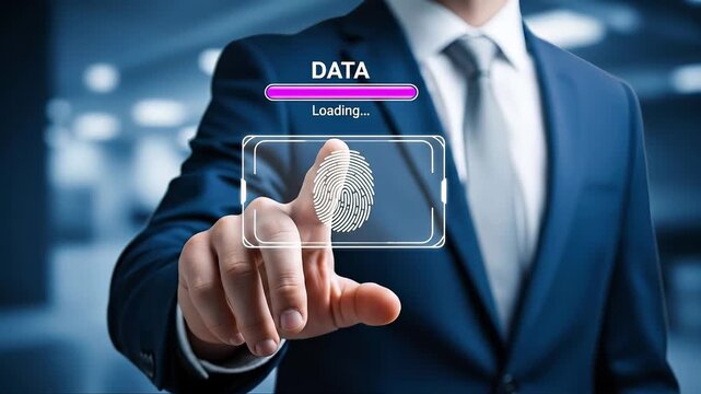 Businessman scanning fingerprint on virtual interface with data loading progress bar, representing biometric authentication and cybersecurity. Concept of secure access, identity verification and data 
