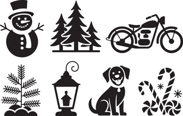 Winter icons festive collection dog trees motorcycle snow