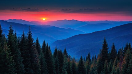Obraz premium Breathtaking view of a sunset above mountains, orange and pink hues reflecting over a dense evergreen forest, serene atmosphere