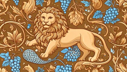 Lion, Grapes, and Fish Pattern