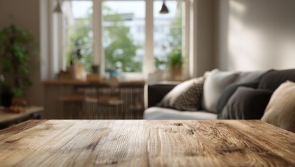 Fototapeta premium Wooden table in a bright living room