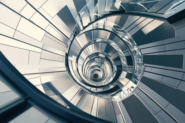 Fototapeta premium An aerial shot of a spiral staircase in a modern building, looking straight down to create a hypnotic geometric pattern.