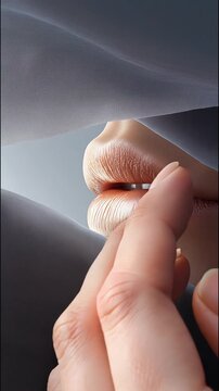 Surreal minimalist vertical video of tender female lips, the whole face is covered with pieces of fabric, deep blue-gray color, fingers slowly touch the lips.