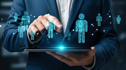 Business professional in suit using a tablet with holographic human icons connected by digital network lines, representing human resources management, team organization, recruitment, and digital workf - Powered by Adobe