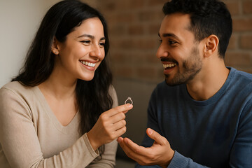 A romantic proposal moment captured with one partner kneeling and presenting a ring