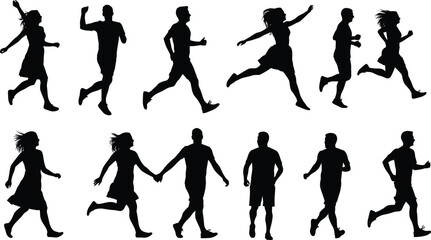 Silhouette, vector, illustration, people, running, walking, jumping, fitness, sports, activity, movement, exercise, design, 