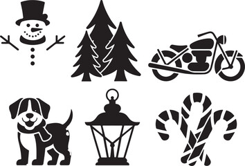Holiday icons: snowman, trees, motorcycle, dog, lantern, candy