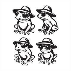 Cartoon frogs in hats and sunglasses sitting in relaxed poses — perfect for quirky animal vector art, humorous amphibian illustrations, and playful black-and-white stock graphics