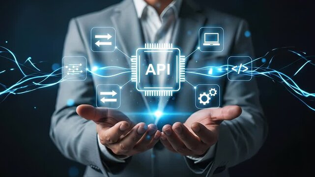 Businessman holding virtual glowing API icon with connected technology symbols, representing software integration and data exchange. Concept of programming, digital solutions and connectivity
