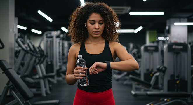 Woman in gym checks watch with water bottle, ideal for fitness or time managementrelated concepts in wellness and lifestyle content.
