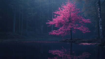 Pink autumnal tree reflects serenely in a dark forest pond.