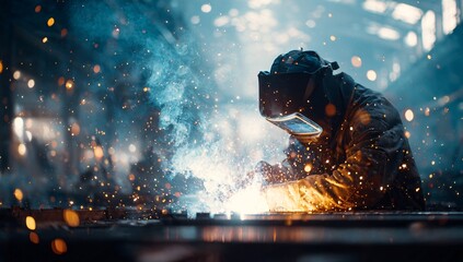 Construction worker welding steel frames, bright sparks,