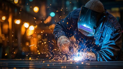 Construction worker welding steel frames, bright sparks,