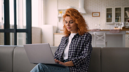 Smiling Caucasian woman female lady freelancer girl student e-learning working business online...