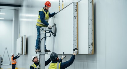 Workers equipped with safety gear guiding vacuumlifted panels into place on coldstorage walls ensuring airtight installation standards.