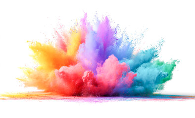 Colorful powder explosion isolated on a white background, a colorful dust splash in the air, a rainbow color palette.