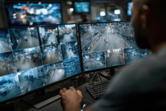Security guard monitors multiple CCTV screens