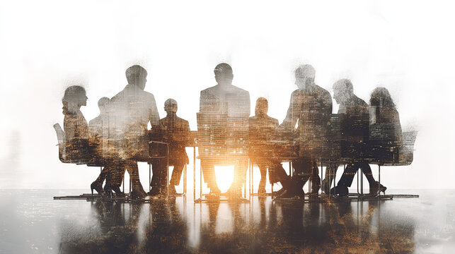 A group of business professionals gathered in a boardroom with glass walls, depicted in the style of double exposure photography against a white background