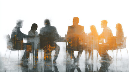 A group of business professionals gathered in a boardroom with glass walls, depicted in the style of double exposure photography against a white background
