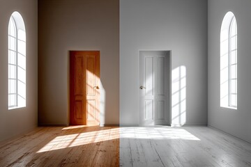 Obraz premium Split room, contrasting colors, doors, light, shadows