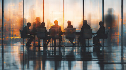 A group of business professionals gathered in a boardroom with glass walls, depicted in the style of double exposure photography against a white background