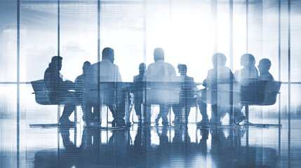 A group of business professionals gathered in a boardroom with glass walls, depicted in the style of double exposure photography against a white background