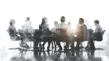 A group of business professionals gathered in a boardroom with glass walls, depicted in the style of double exposure photography against a white background
