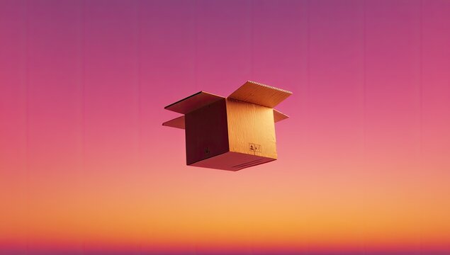 Open cardboard box floats in gradient sunset sky